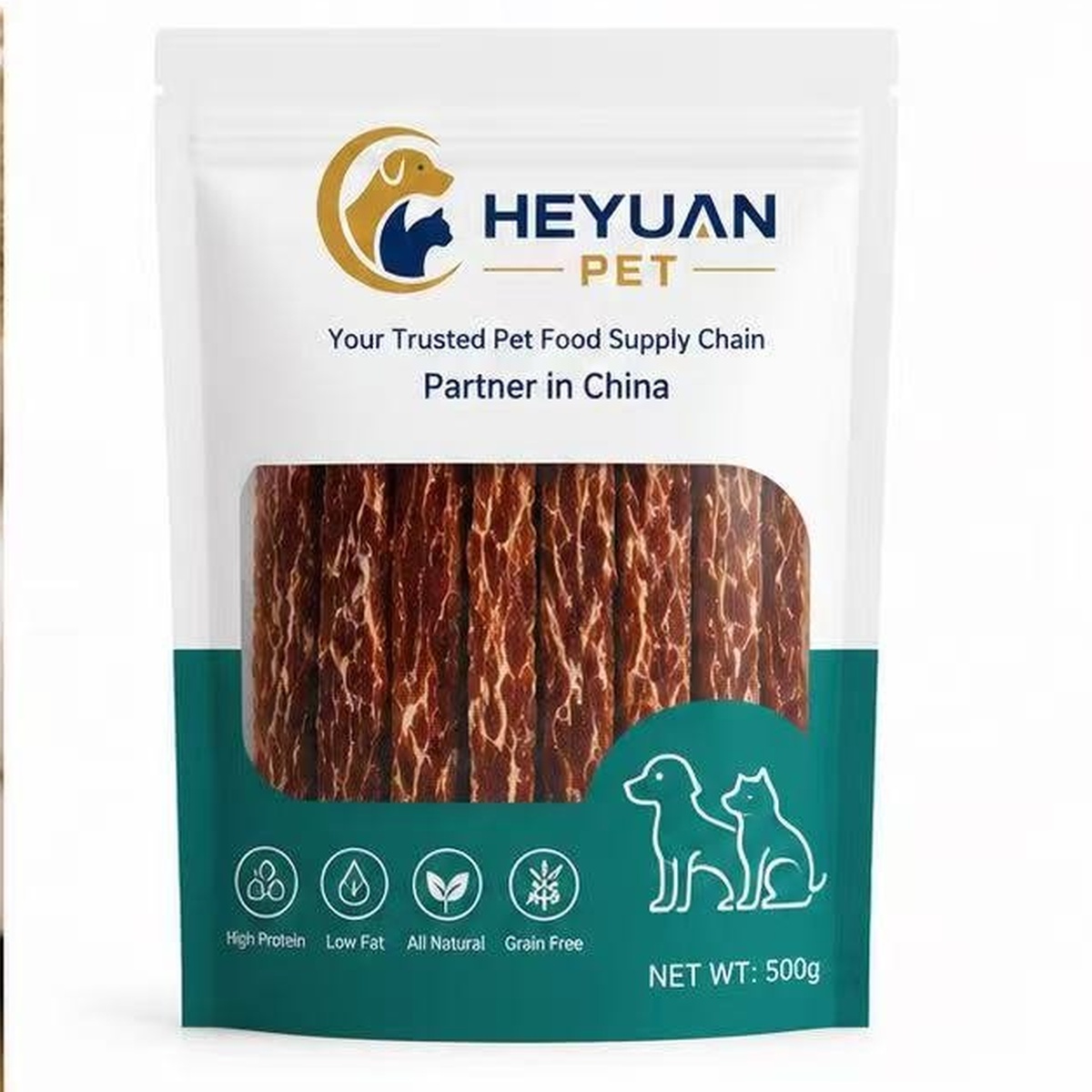 Cod and duck meat strips dog treats packaging with HEYUAN PET brand logo — view 4