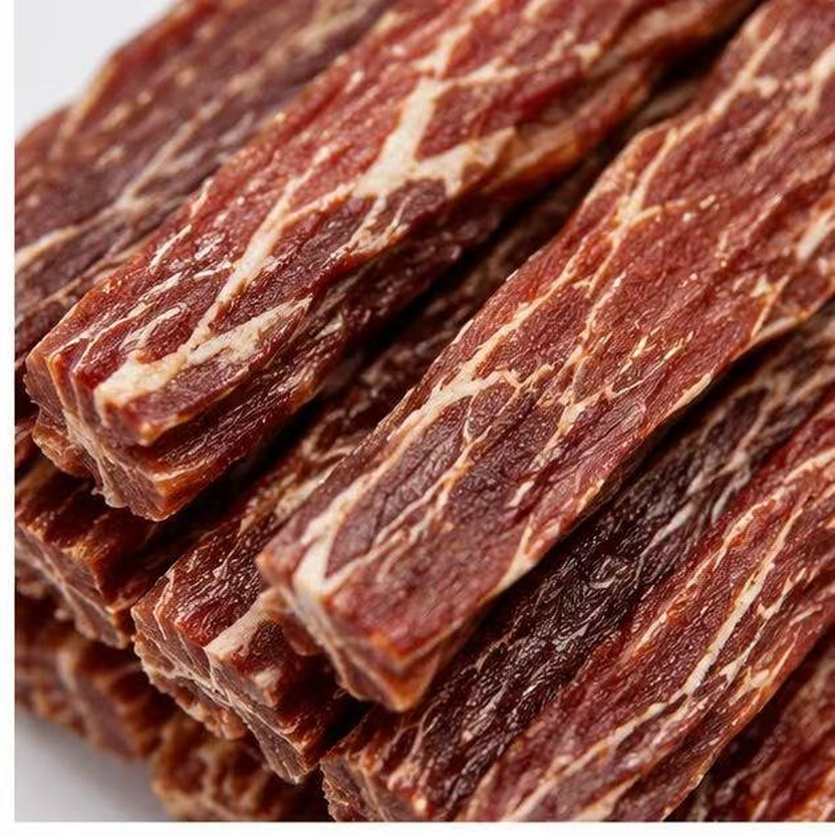 Close-up of duck and cod meat fiber texture in cod and duck meat strips — view 2
