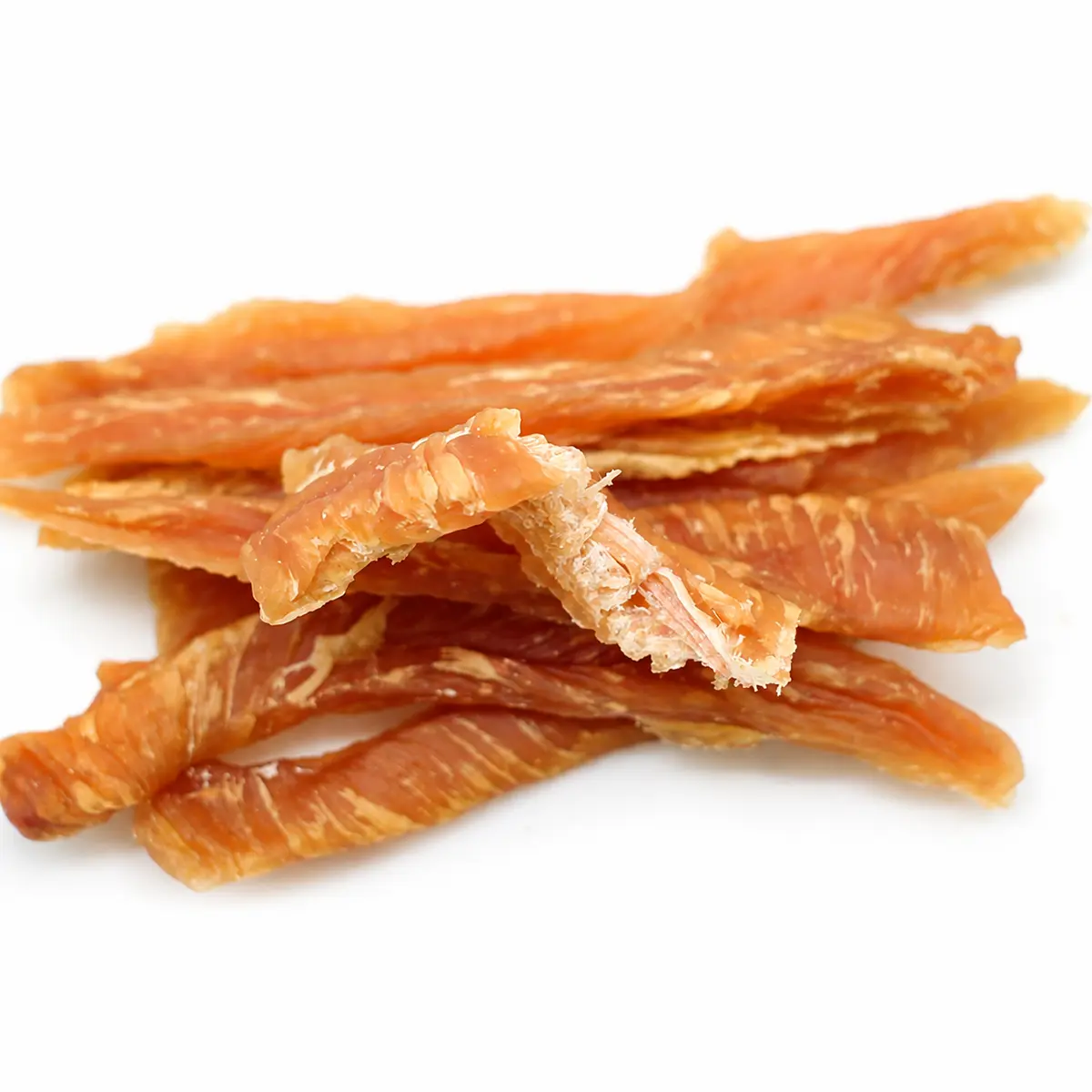 Close-up of chicken breast jerky texture showing meat fiber — view 2