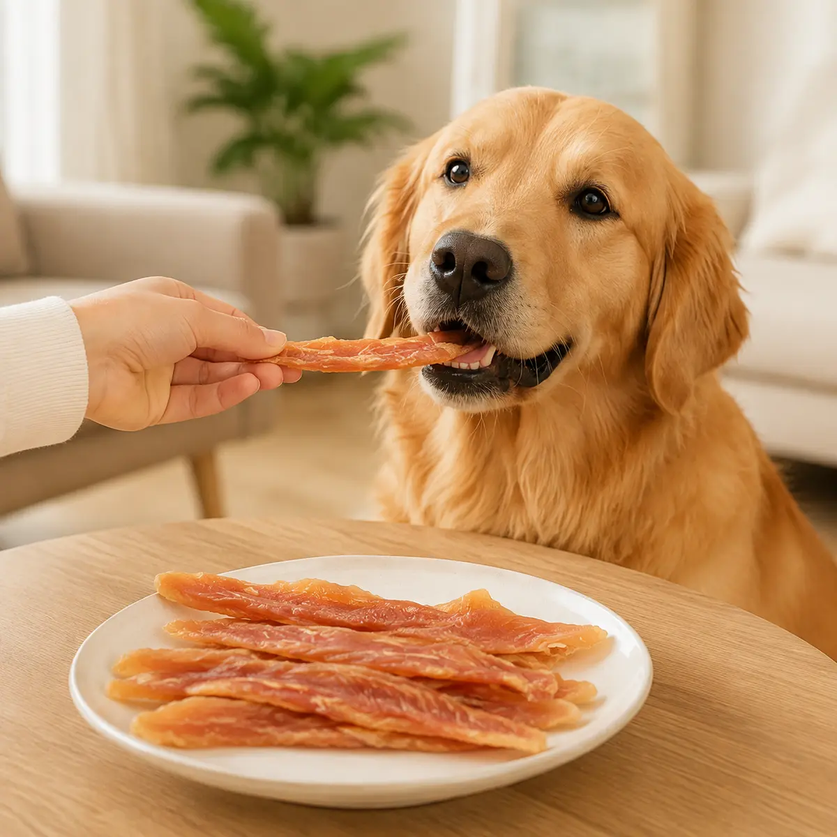 Dog enjoying a chicken breast jerky treat — view 3