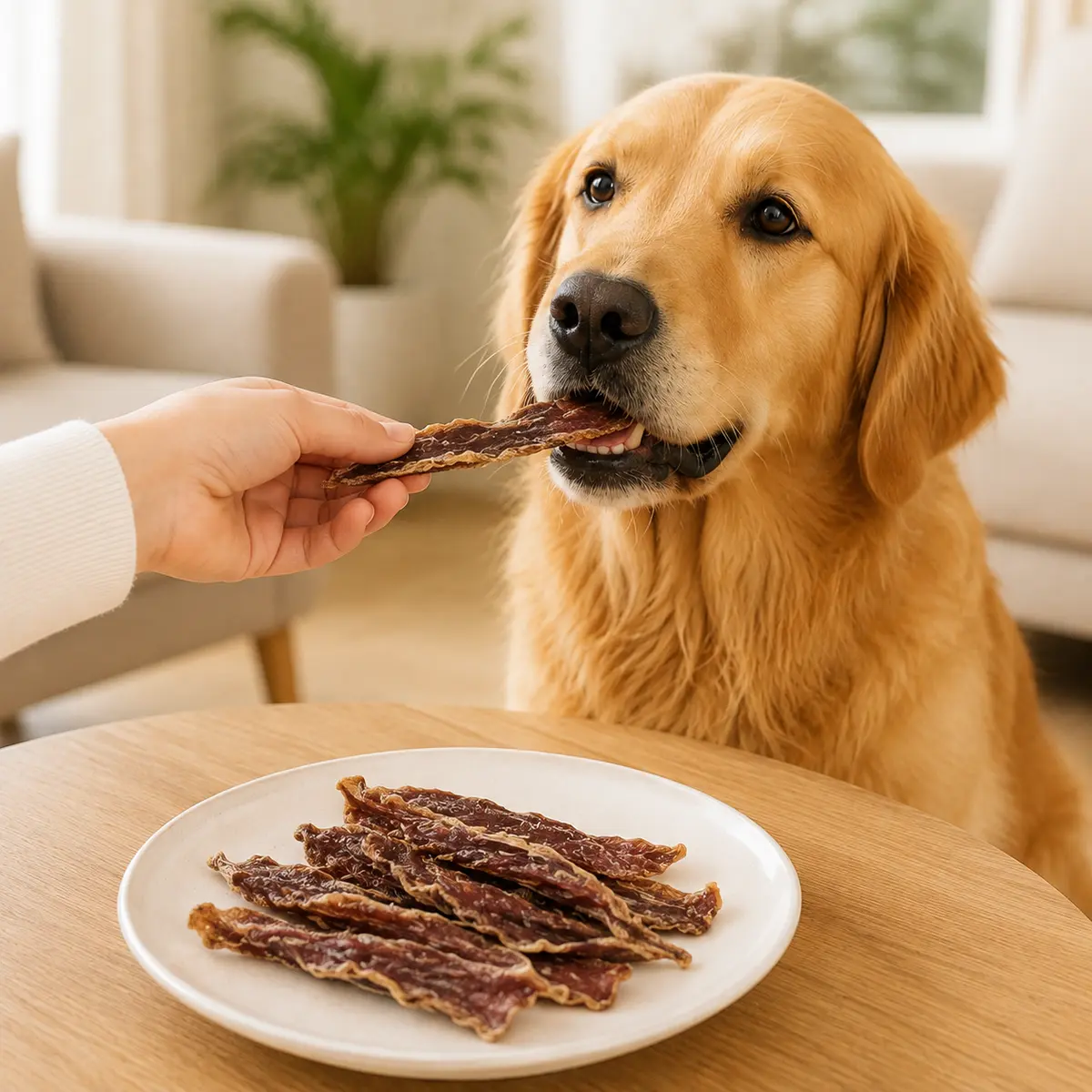 Dog enjoying a dried duck breast treat — view 3