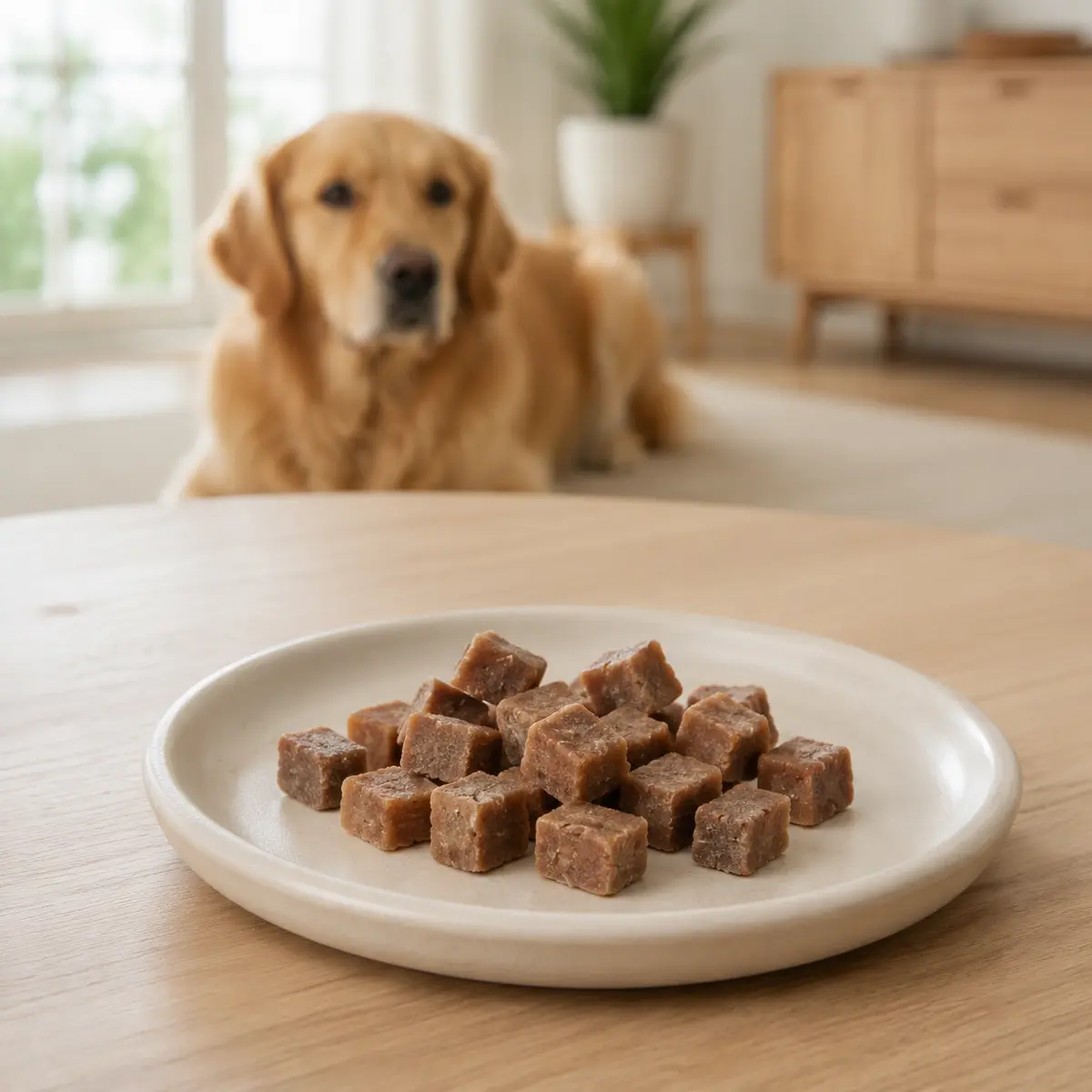Dog enjoying a salmon cube training treat — view 3