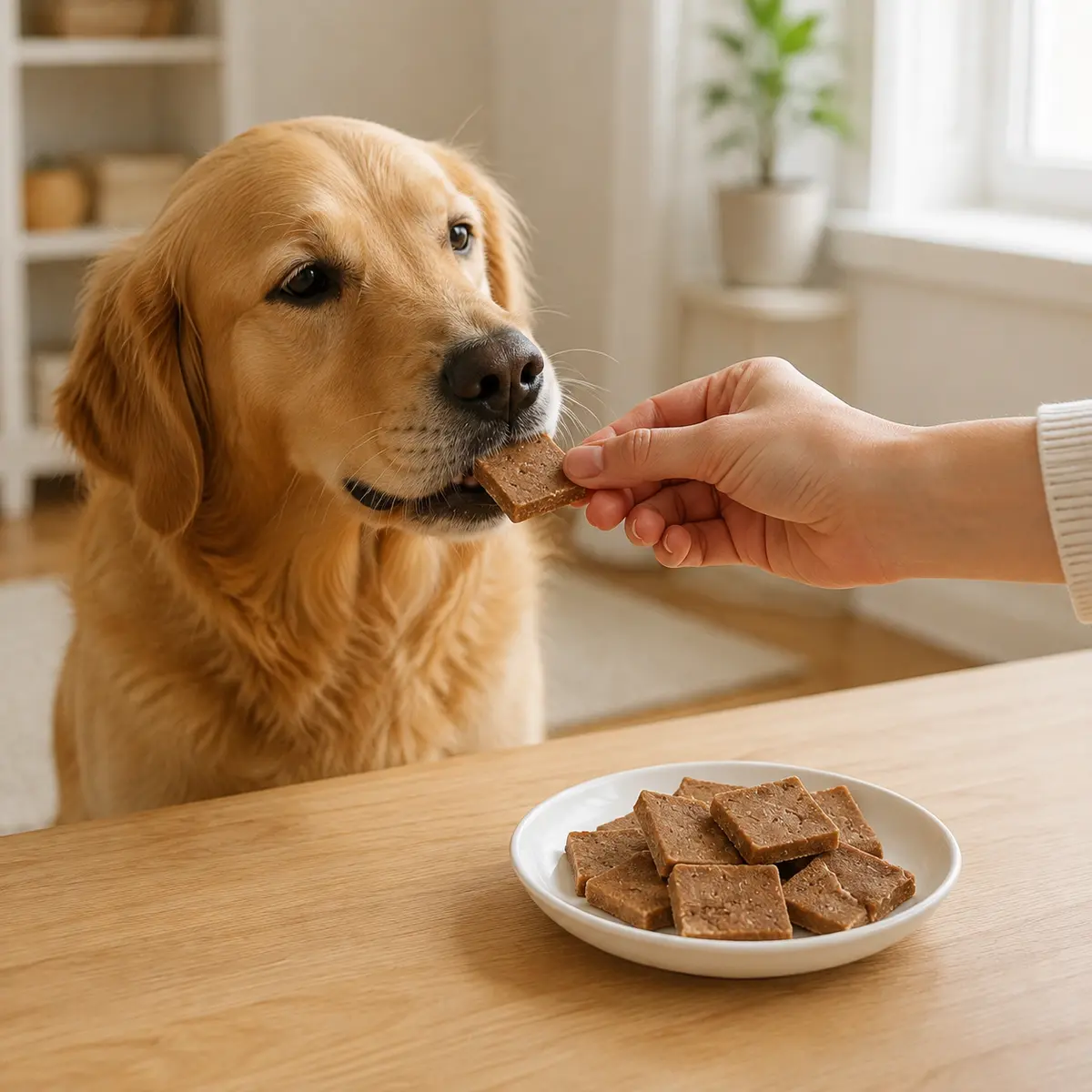 Dog enjoying a rabbit chunk treat — view 3