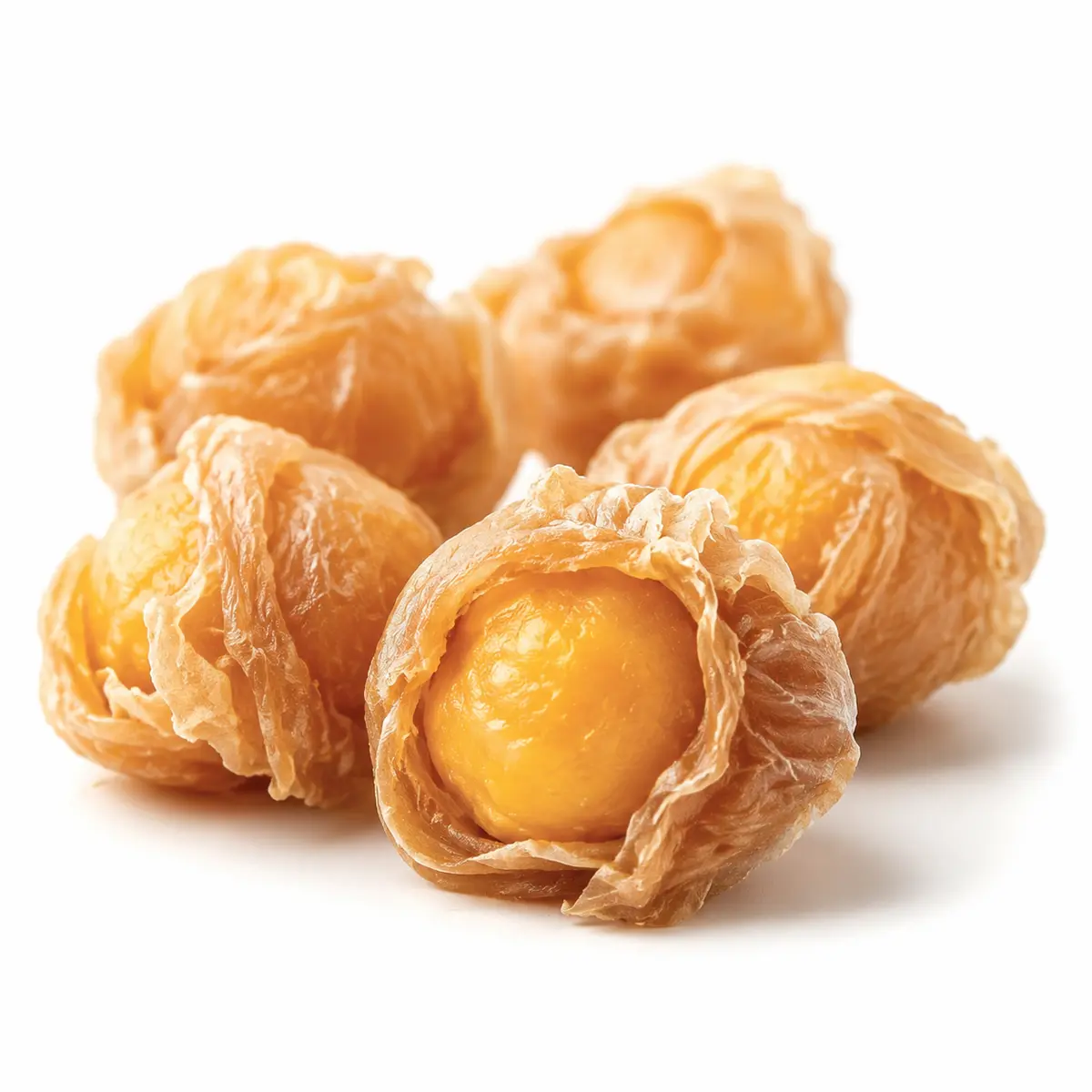 Close-up of chicken wrapped egg yolk treats showing the wrapped texture and golden egg yolk center — view 2