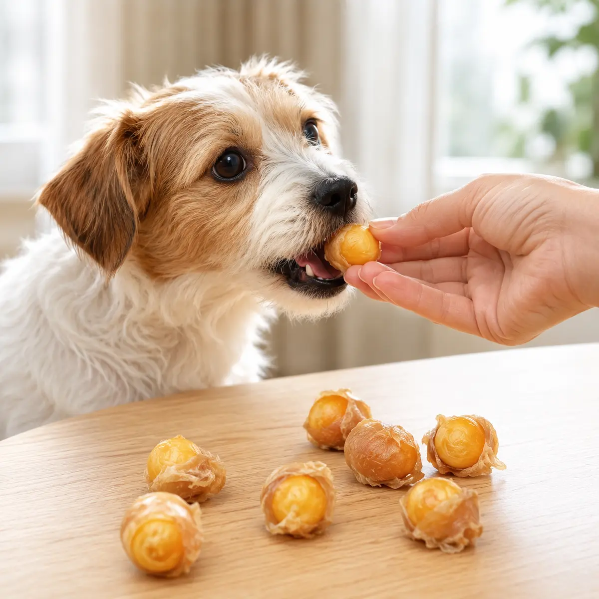Chicken wrapped egg yolk dog treats served from a natural wooden bowl in a home setting — view 3
