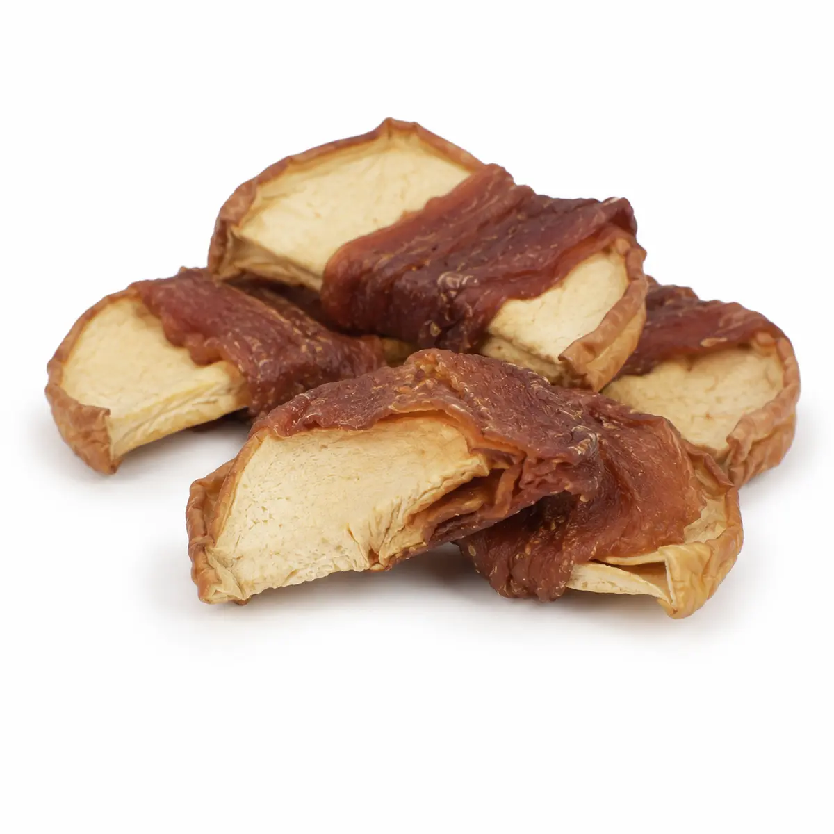 Close-up of duck wrapped apple treats showing the wrapped texture and natural apple pieces — view 2
