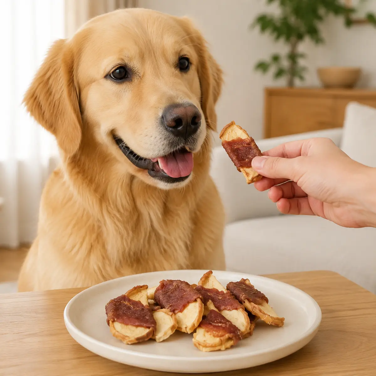 Duck Wrapped Apple dog treats served from a natural wooden bowl in a home setting — view 3