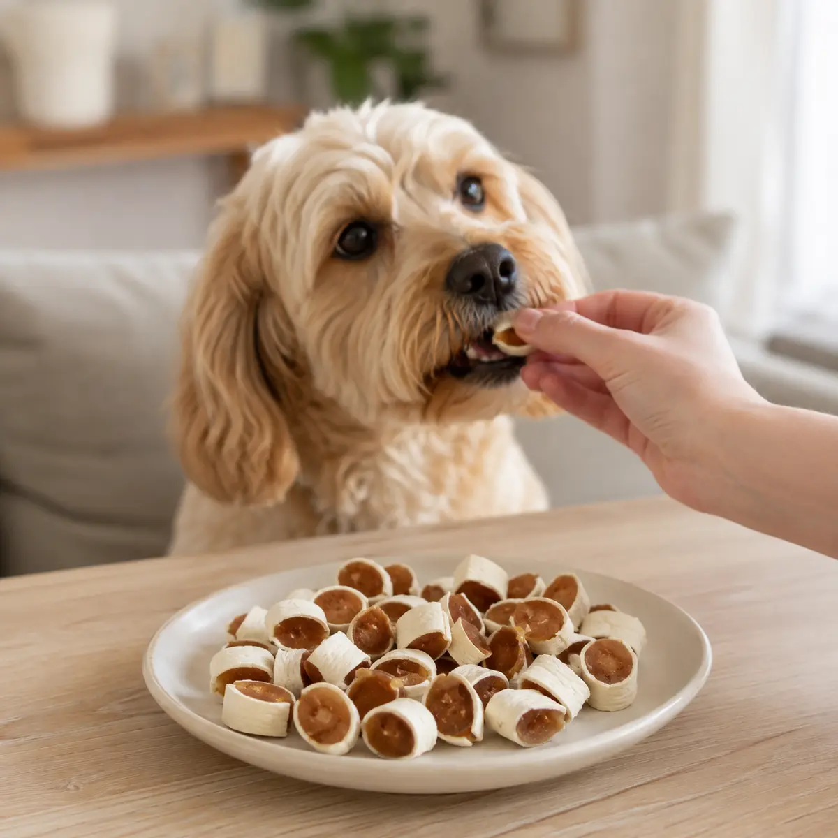 Chicken Heart Roll dog treats served from a natural wooden bowl in a home setting — view 3