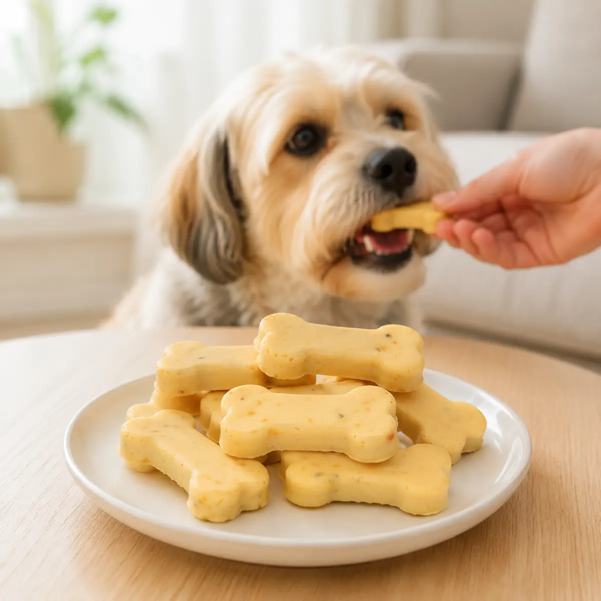 Cheese Bone dog treats served from a natural wooden bowl in a home setting — view 3
