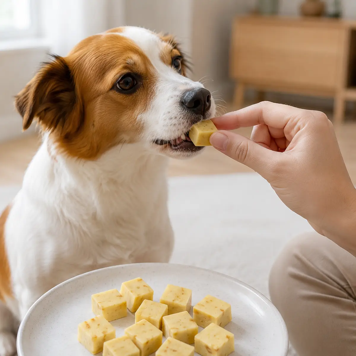 HY-014 Cheese Salmon Cubes — usage scene with dog — view 3