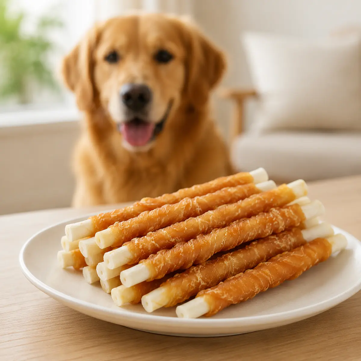 HY-016 Chicken Wrapped Rawhide Stick — usage scene with dog — view 3