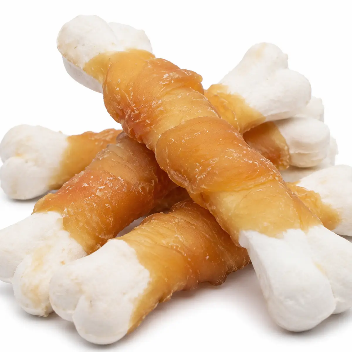 HY-019 Chicken Wrapped Calcium Bone — close-up showing the chicken layer over the rice flour base — view 2