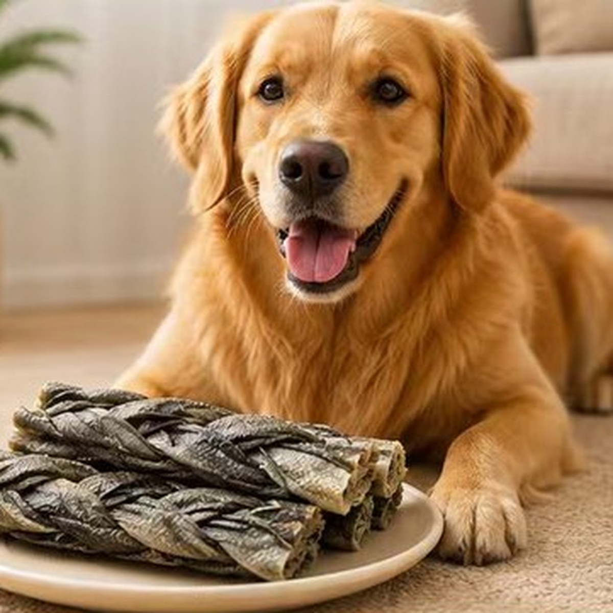 Golden retriever with fish skin braid dog treats on a plate indoors — view 3