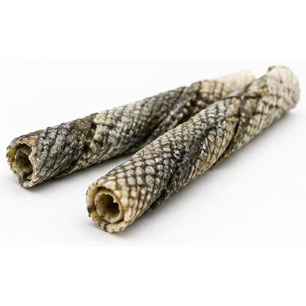 Close-up of crunchy cod fish skin sticks showing natural rolled texture — view 2
