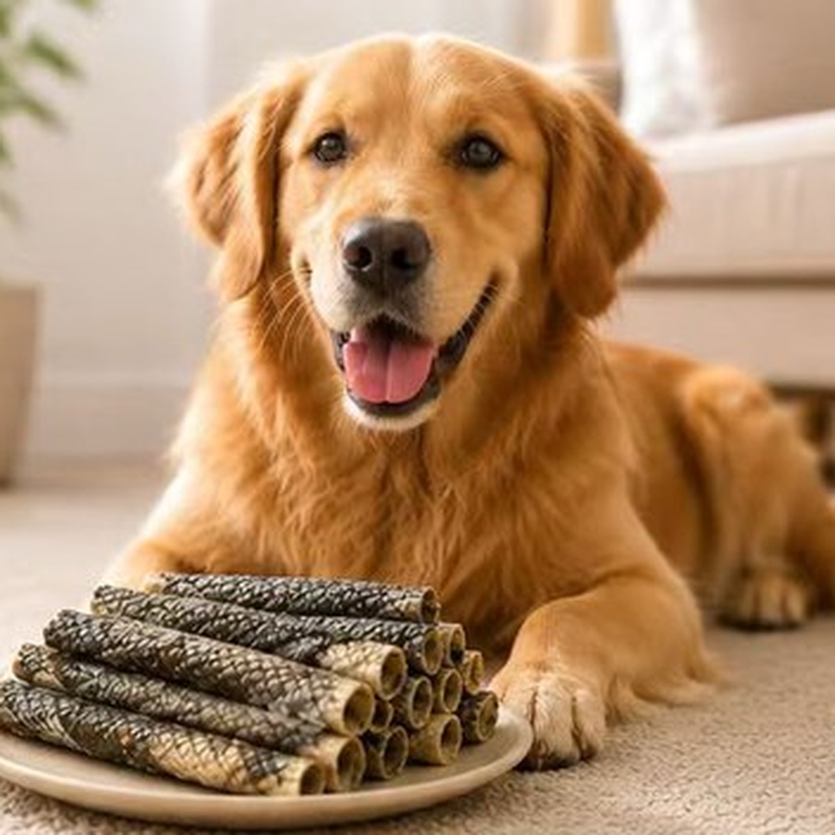 Golden retriever with fish skin stick dog treats on a plate indoors — view 3