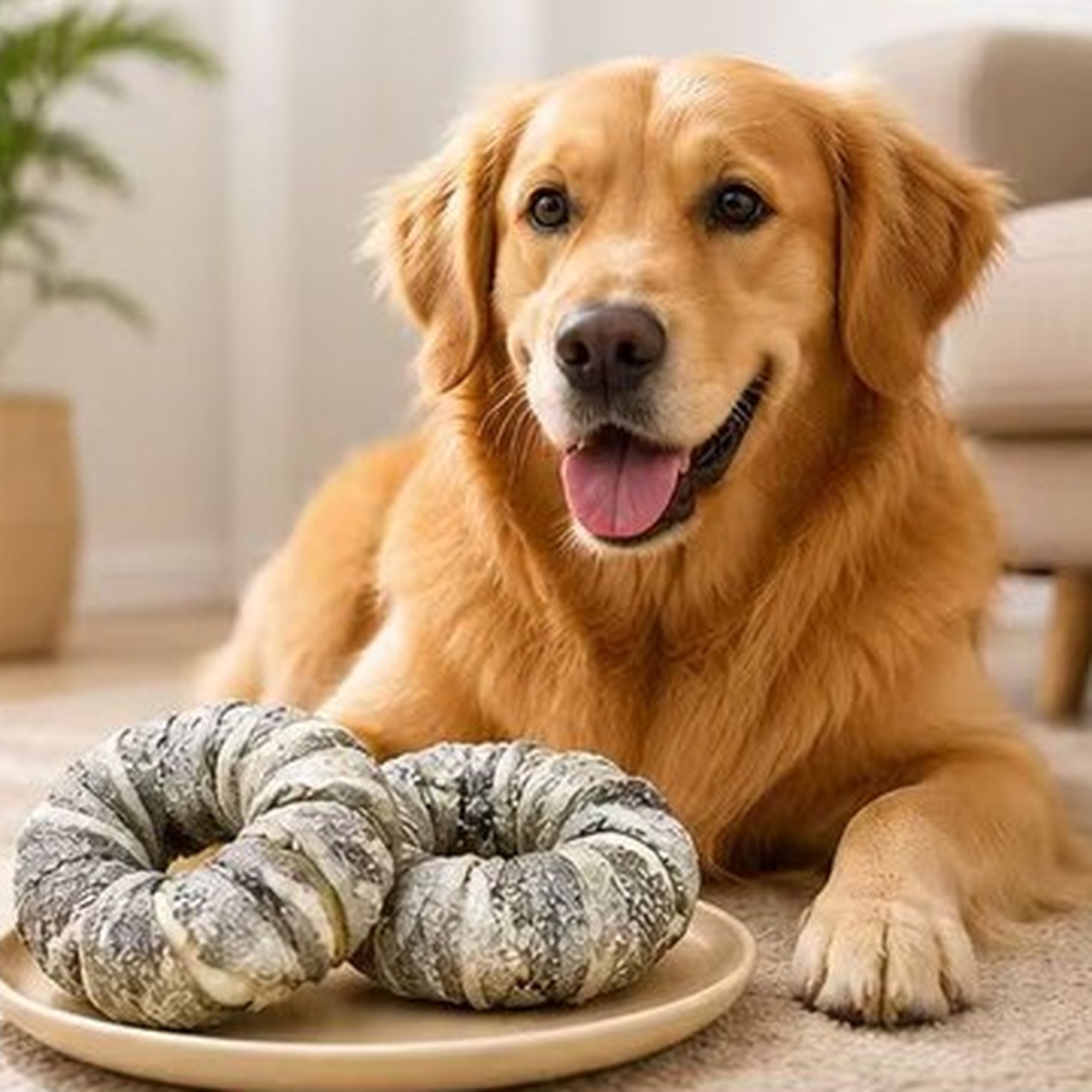 Golden retriever with fish skin foamed ring dog treats on a plate indoors — view 3