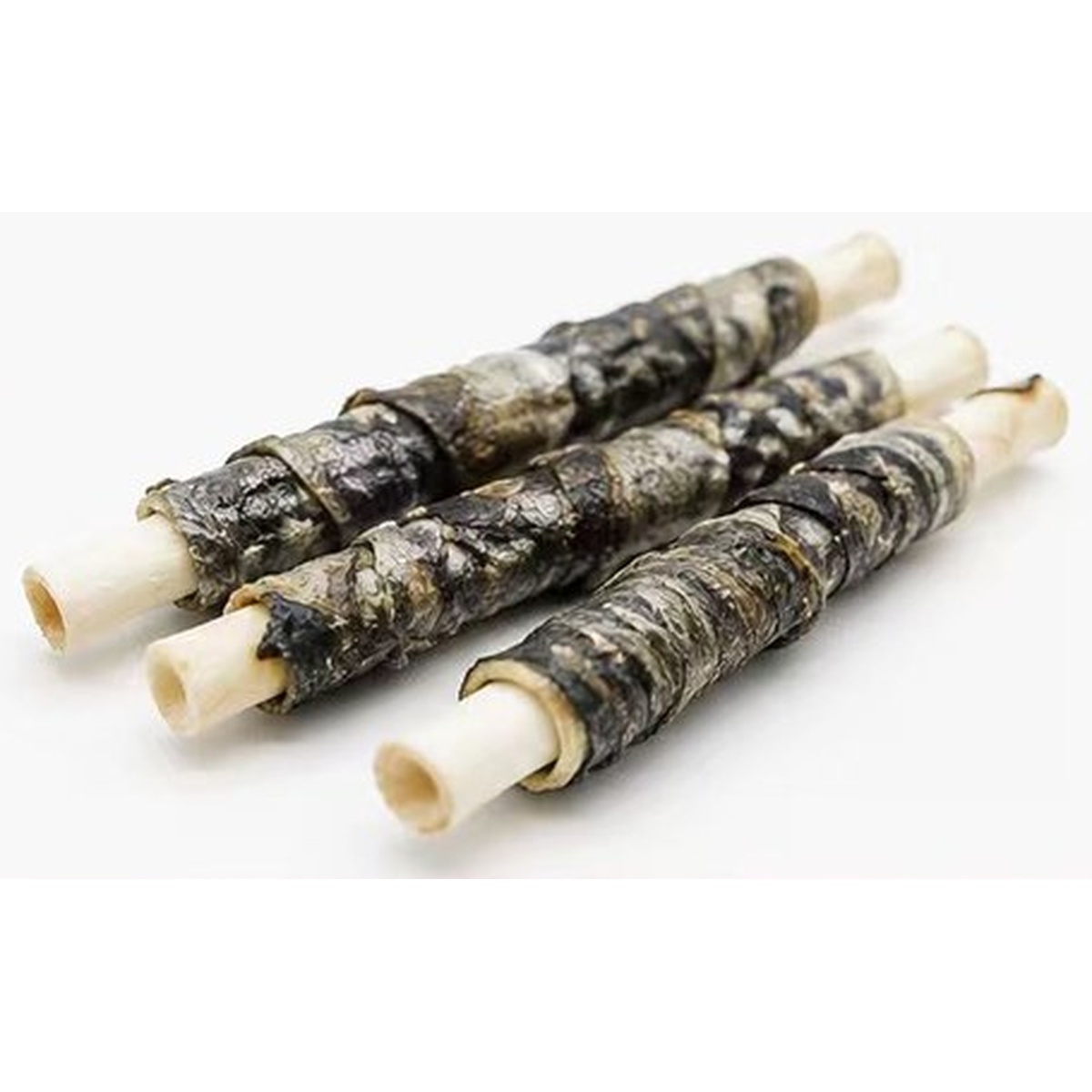 Close-up of cod fish skin wrapped cowhide sticks showing layered texture — view 2