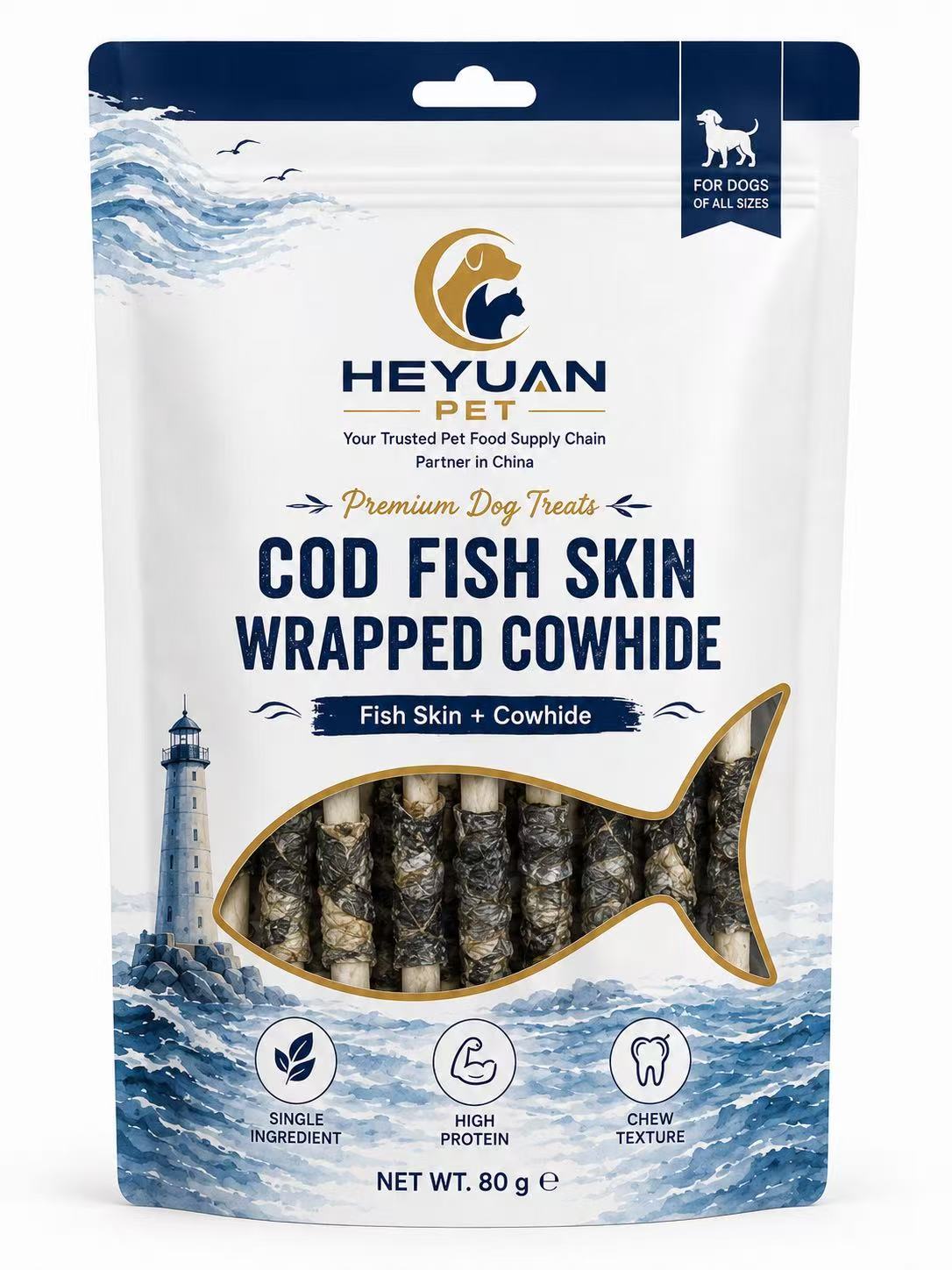 Fish skin wrapped cowhide dog treats in retail packaging (80g bag) — view 4
