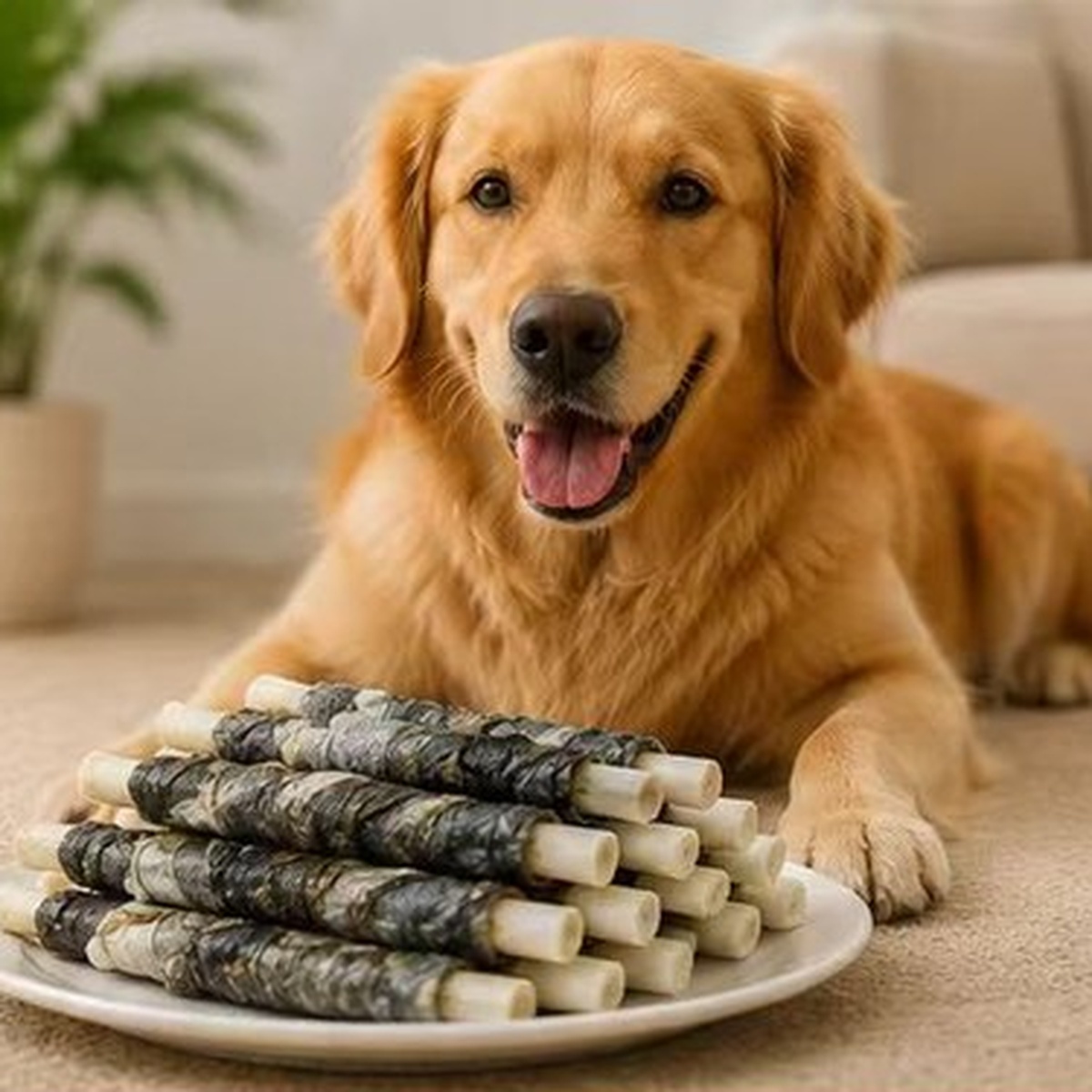 Golden retriever with fish skin wrapped cowhide dog treats on a plate indoors — view 3