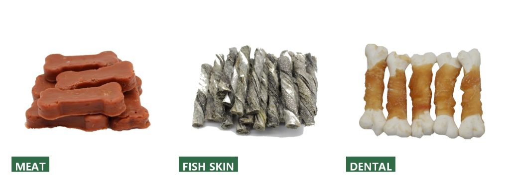 Pet treats in meat, fish skin and dental categories